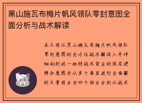 黑山施瓦布梅片帆风领队零封意图全面分析与战术解读