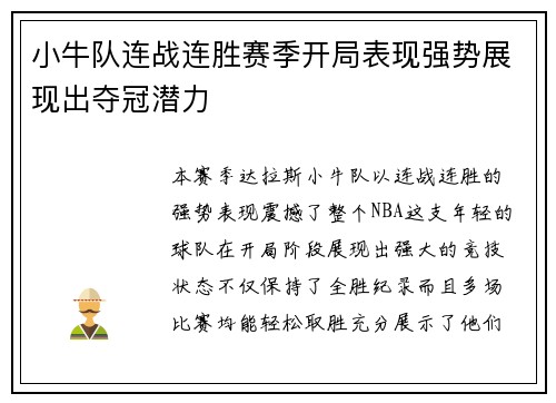 小牛队连战连胜赛季开局表现强势展现出夺冠潜力